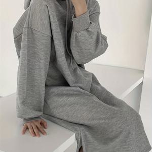 TEMU 여성용 포근한 플리스 안감 후드 스웨트셔츠 드레스 - 긴, 루즈핏 사이드 슬릿, 회색, 가을과 겨울용 캐주얼 스타일, 포근한 의류 | 편안한 핏 드레스 | 포근한 소재