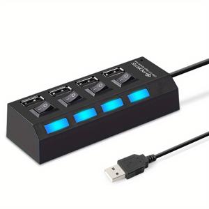 TEMU 빠른 충전 및 전원 어댑터가 있는 4/7포트 USB 2.0 허브 - 노트북, 스마트폰, 마우스용 멀티디바이스 확장기 - 블랙