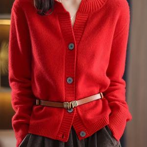 TEMU 버튼 프런트 롱 슬리브 카디건, 캐주얼 단색 노치 넥 니트 카디건, 여성 의류