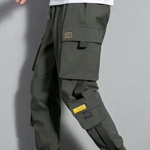 TEMU 남성용 캐주얼 카고 바지, 폴리에스테르 비스트레치 단색 컬러 크롭 트라우저, 스��니 핏, 드로스트링 허리, 다중 포켓, 신축성 있는 커프, 올 시즌 주말 캐주얼 직조 바지