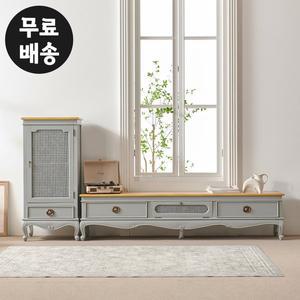 [벤티스가구]오딜 라탄 마호가니 원목 거실장세트 장식장 인테리어 수납장 테이블(그레이)