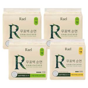 라엘 무표백 순면 생리대 대형, 12P, 3개 + 중형, 14P, 1개