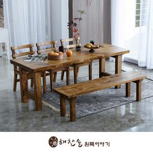 해찬솔 통원목 에코 6인용식탁 세트B 1800_w700_tr 의자포함 통원목다리 원목식탁 우드슬랩 카페테이블