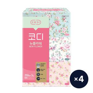 코디 뉴플라워 미용티슈 250매 3입 4팩 각티슈 화장지 휴지