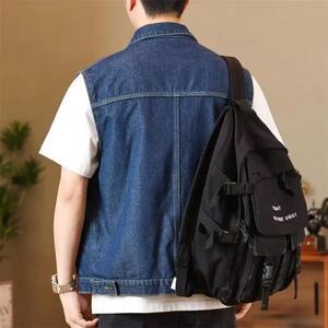 남성용 그레이 빈티지 데님 재킷 심플 트렌디 루즈핏 다용도 작업복 조끼 바이크 오토바이 라이더 의류
