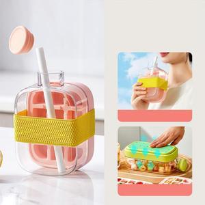 2-in-1 아이스 메이커 트레이 물병 프레스 병 뚜껑이있는 휴대용 주전자 얼음 만들기 밀짚 실리콘