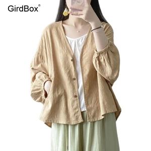 봄여름 개량한복 GirdBox 면린넨 V넥 롱소매 여성용 데일리 상의