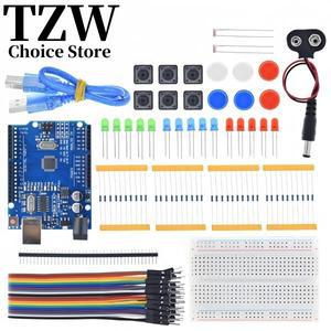 TZW 스타터 키트 UNO R3 미니 브레드보드용 LED 점퍼 와이어 단추 아두이노 DIY 학교 교육 연구실용
