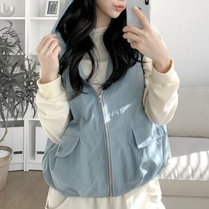 여자 고프코어룩 봄 포켓 스트링 후드집업 박스 조끼
