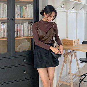 [옷자락]여자 목티 가을레이어드 v넥 끈나시 레더뷔스티에 세트_P376533465