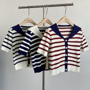[옷자락] 여성 면혼방 세일러카라 단가라 반팔 니트 가디건