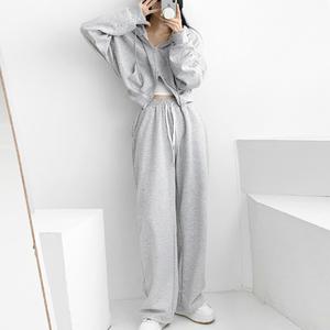 코디제이 여자 W 투웨이 크롭후드 스트링세트 밴딩와이드팬츠 크롭집업 면트레이닝 데일리