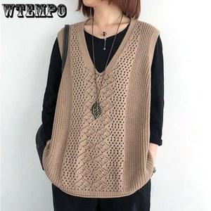 WTEMPO 여성용 레트로 민소매 니트 조끼 Ladies Hollow Out 양복 조끼 봄 가을 Gilet 스웨터