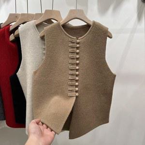 패션 새로운 가을 겨울 라운드 넥 솔리드 컬러 버튼 카디건 민소매 스웨터 니트 조끼 여성 의류 기본상의