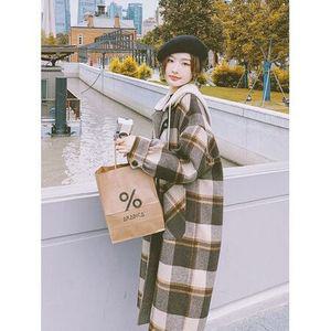 여성 후드 빈티지 겨울 모직 크롭 루즈핏 롱 도톰 코트 여자 체크 점퍼 EO4
