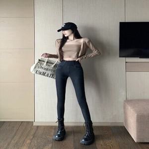 여자배기청바지 기모 도톰 허리벤딩 데님팬츠 가을 봄 하이웨스트 조거 스키니 팬츠 여성 S3M2