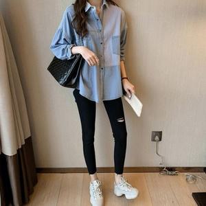 얇은 루즈핏 여성 청남방 코디 데님 셔츠 박시핏 긴팔