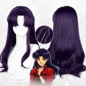 EVA 미사토 카츠라기 코스프레 가발, 검정색 보라색 곱슬 가발, 내열성 합성 모발, 55cm 길이