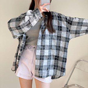 [옷자락]여자 타이다이남방 빅사이즈 퍼프 배색 봄 체크 셔츠