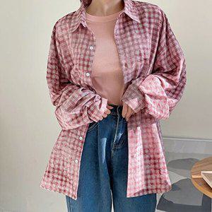 [옷자락]여자 빈티지체크셔츠 타이다이 오버핏 파랑색 봄 셔츠