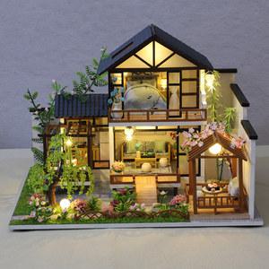 DIY 나무 Casa 일본 인형의 집 키트 조립된 미니어처 가구 라이트 벚꽃 장난감 성인 선물용