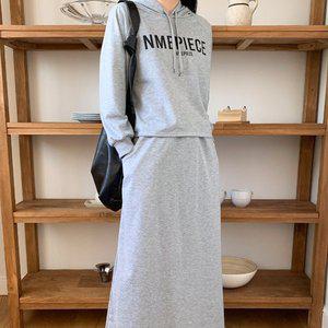 [옷자락]여성 베이직 캐주얼 레터링 후드티 롱스커트 세트