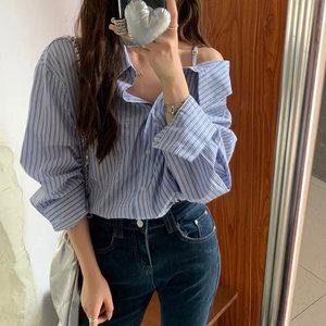 [봄신상][#자체제작]그루비 스트라이프 언발 숄더 셔츠