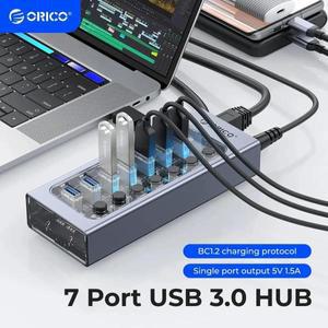 ORICO USB 3.0 허브 알루미늄 산업전용 분배기 분할 스위치 맥북 휴대폰 태블릿전용 12V 전원 어댑터  7 포