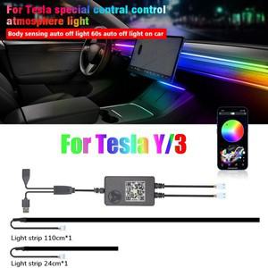 테슬라 모델 3 Y 센터 콘솔 대시 보드 무선 충전 RGB 네온 LED 라이트 스트립 뮤지컬 리듬 USB APP 제어의