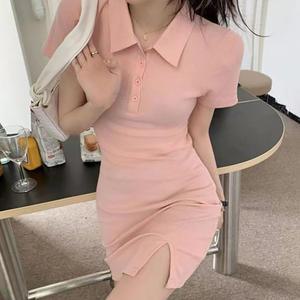 여성 무지컬러 사이드슬릿 카라넥 반팔 미니 원피스