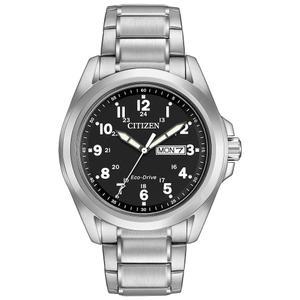 Citizen 남성용 Eco-Drive 위켄더 개리슨 필드 시계 스테인리스 스틸 블랙 다이얼 아라비아 마커 루미너스