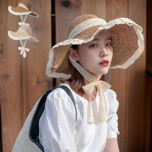 /신상오픈런 여성용 밀짚 챙넓은 버킷햇 레이스 스트링 모자