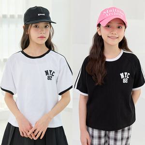 애나 라인 배색 반팔 티셔츠 / 여아 주니어 의류 초등학생 옷