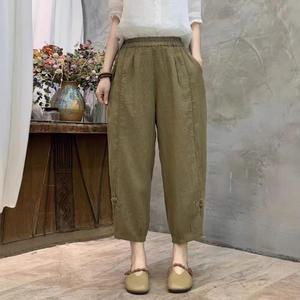 여자 봄 바지 여름 빈티지 샌드 워싱 리넨 배기 밴딩 솔리드 슬림핏 7부 슬랙스 원픽1