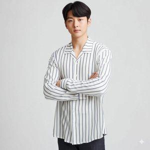 부드러운 기본 줄무늬 루즈핏 남성 셔츠디자인 빅사이즈 캐주얼 헨리넥 스트라이프 남자긴팔 남방