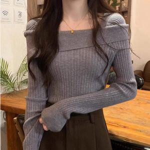 여성 오프 숄더 스퀘어넥 디자인 데이트룩 긴팔 니트라운드티 가을셔츠 겨울셔츠 골지 부드러운 슬림핏 셔