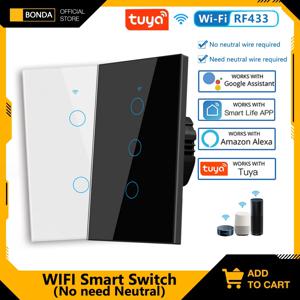 Tuya US WiFi 스마트 벽 스위치 RF433 1/2/3 Gang 중립 와이어 없음 터치 센서 LED 조명 스위치 스마트 홈 Alexa Google 홈