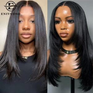 레이어드 컷 스트레이트 레이스 가발 Preplucked Wear Go Glueless 13X4 레이스 프론트 가발 여성용 나비 이발 합성 머리 가발