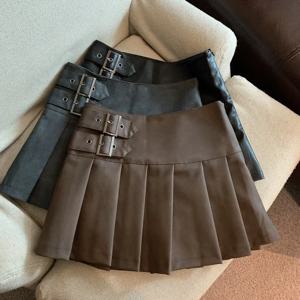 XS-3XL Y2K Pu 가죽 미니 스커트 여성 streetwear 하이 웨스트 플리츠 스커트 빈티지 한국어 블랙 슬림 캐주얼 a 라인 스커트