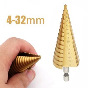 4 -32mm HSS 티타늄 코팅 금속 육각 코어 드릴 비트 고속 강철 스텝 드릴 비트 세트 콘 구멍 목재 커터 테이퍼 미터법