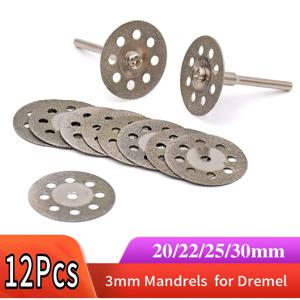 다이아몬드 톱날 12 조각 20-30mm (3mm 아버 포함) 드레 멜 로터리 도구 용 미니 절단 블레이드 돌 유리 타일 절단 금속