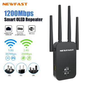 Newfast 1200Mbps WiFi 리피터 장거리 OLED 5Ghz De Sinal Wifi 익스텐더 증폭기 신호 부스터 안테나 리피터 영국 플러그