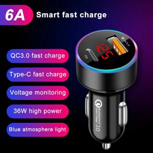 USB 차량용 충전기 미니 LCD 디스플레이 3.0 빠른 충전 6A 36W iPhone 12 Huawei Xiaomi Type C 휴대 전화 용 고속