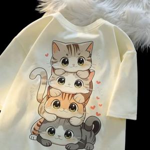 귀여운 만화 고양이 프린트 여성 라운드 넥 반팔 티셔츠 캐주얼 루즈 다목적 여름 Tshirt