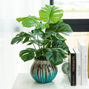 43cm 12 포크 인공 Monstera 나무 녹색 가짜 식물 플라스틱 상록 잎 열대 가짜 팜 리프 홈 가든 장식