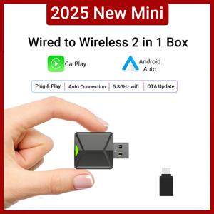 XUDA 슈퍼미니 2025, USB 플러그 앤 플레이, 유선-무선 카플레이, 안드로이드 자동 어댑터, OEM 자동차 스테레오용, 2 인 1