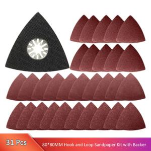 31Pcs 그라인딩 삼각형 진동 사포 세트 삼각형 샌딩 패드 후크 루프 80/120/180/240/320/40 그릿 멀티 용