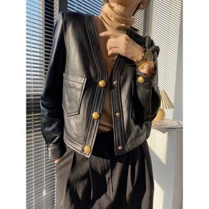 Mujer Roupas 여성용 정품 가죽 V넥 빅 골드 버클 캐주얼 포켓 짧은 코트, 카멜 블랙 시크 재킷, 가을 겨울
