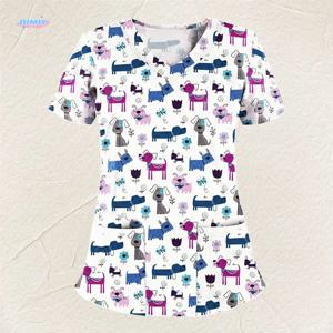 간호사 유니폼 여름 의류 여성 간호사 스크럽 탑 내구성이 뛰어난 간호가 용이한 동물 프린트 및 실용적인 포켓 간호사 유니폼