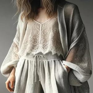 여성용 긴 소매 가디건, 얇은 루즈 캐주얼 어망 랜턴 슬리브, O-넥 가디건, 레트로 숙녀 재킷, 여름